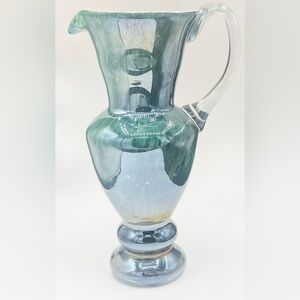 Vintage Studio Art Glass MACOCHA Poland Green Iridescent Pitcher 9.5” Tall